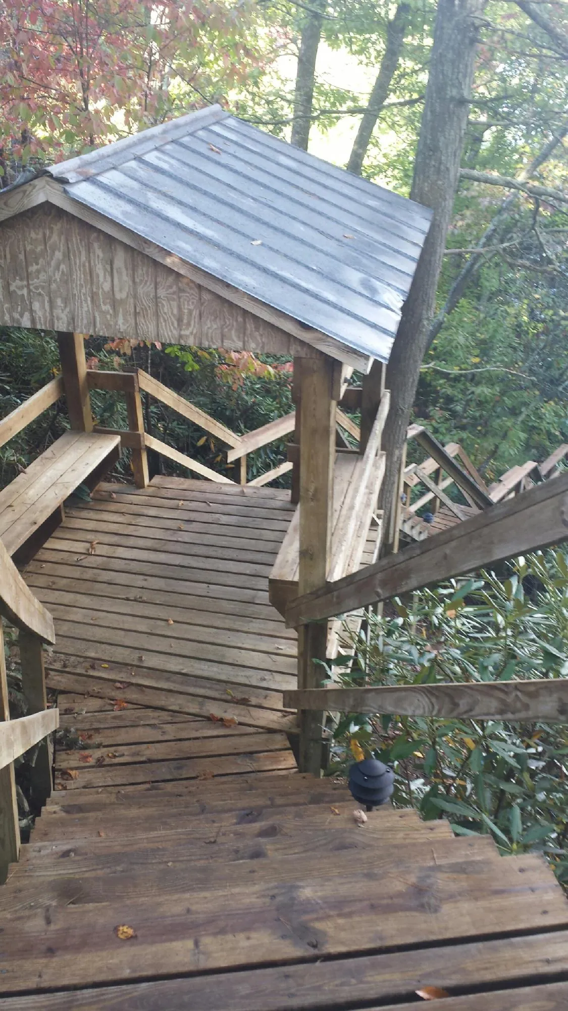 Metal roofed shelter over wooden steps on a wooded walkway — Skylight Repair & Installation work by our crew in Crisfield